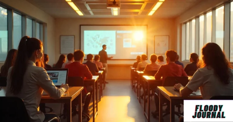 Students learning about the future of artificial intelligence in modern classroom with presentation