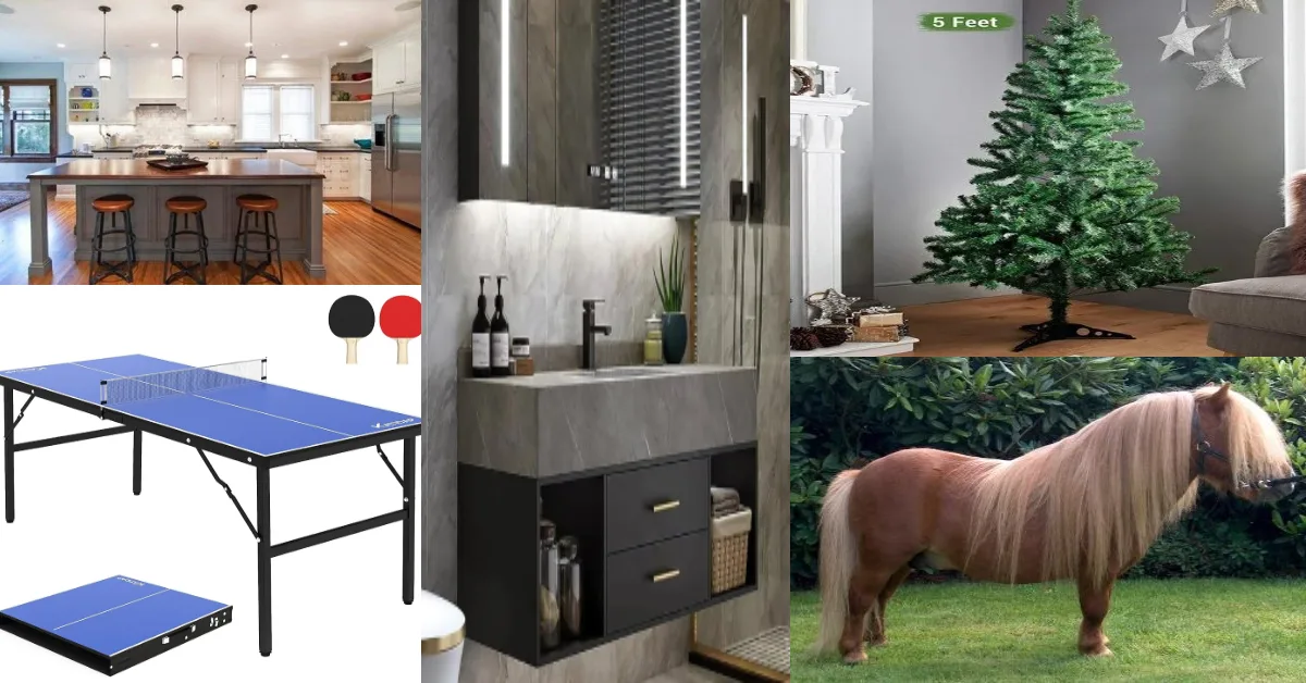 Collection of common things that are 5 feet tall, including kitchen islands, bathroom vanities, ping pong tables, Christmas trees and Shetland ponies for size reference