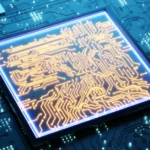 30-008 Colibri Pinout module showcasing illuminated circuit traces and embedded system architecture on a blue PCB board