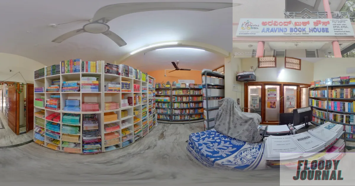 Aravind Book House Vijayanagar interior showing organized bookshelves with textbooks and study materials in Bangalore bookstore