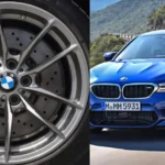 Close-up of a BMW M-series alloy wheel showing the bolt pattern, paired with a front view of a blue BMW car on the road.