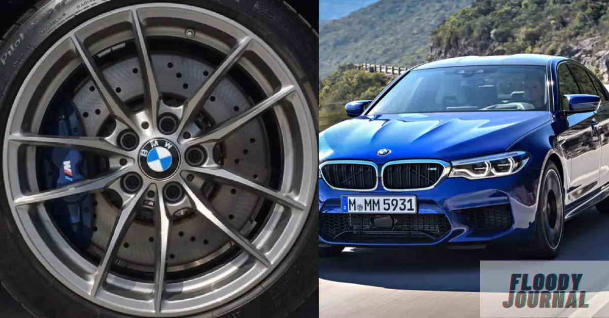 Close-up of a BMW M-series alloy wheel showing the bolt pattern, paired with a front view of a blue BMW car on the road.