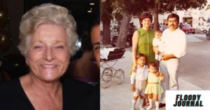Camilla Consuelos smiling in a close-up photo and a vintage family portrait featuring a couple with three children.