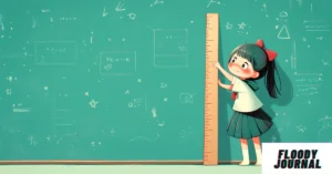 Young student girl measuring her height against a wooden ruler on green chalkboard background with math formulas, illustrating how long 19 inches is