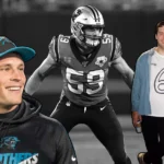 A collage of Carolina Panthers linebacker Luke Kuechly, featuring an on-field action photo, a casual photo, and an image of his wife, Shannon.