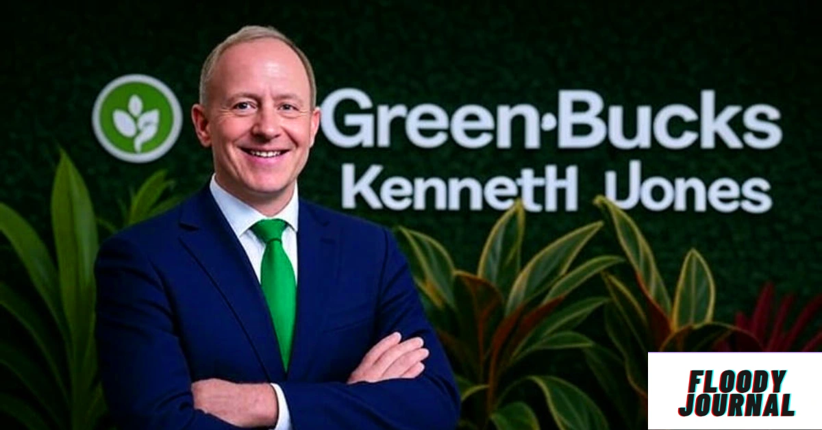 MyGreenBucks Kenneth Jones founder in blue suit with green tie standing confidently in front of company logo and plants