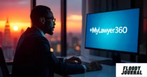 Business professional using MyLawyer360 platform on computer screen at sunset, researching legal services for Texas entrepreneurs