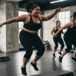 Narissa Thelo Fitness-Talk.net inspired group fitness class with women doing step aerobics workout in modern gym