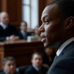 Lawyer in courtroom during Armor Correctional Health Services lawsuit proceedings with judge and jury in background