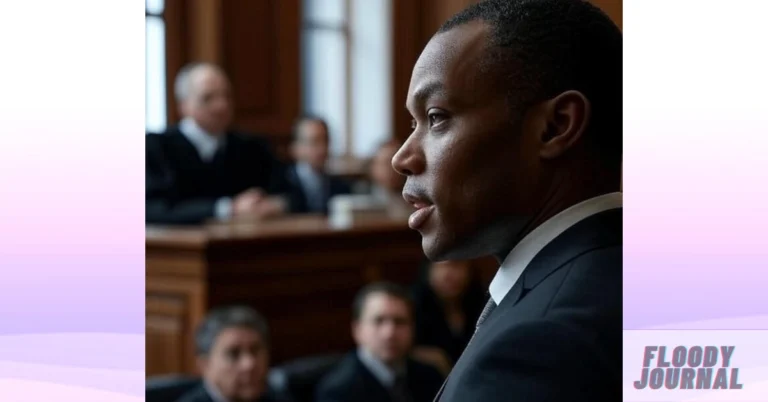 Lawyer in courtroom during Armor Correctional Health Services lawsuit proceedings with judge and jury in background