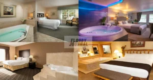 Luxury hotel room with jacuzzi in room featuring spacious bedroom and private whirlpool tub