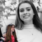 Indiana Marin Warrior smiling in a white top, with a black-and-white background and smaller inset showing her with her father.