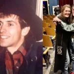 Split photo showing Kellie Kyle in vintage young couple portrait and recent reunion photo embracing friend in theater auditorium setting