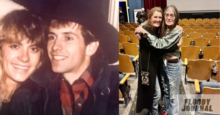Split photo showing Kellie Kyle in vintage young couple portrait and recent reunion photo embracing friend in theater auditorium setting