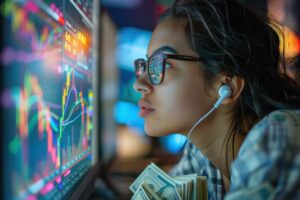 Young woman learning how to buy digital coins while analyzing cryptocurrency trading charts on computer screen with cash in hand