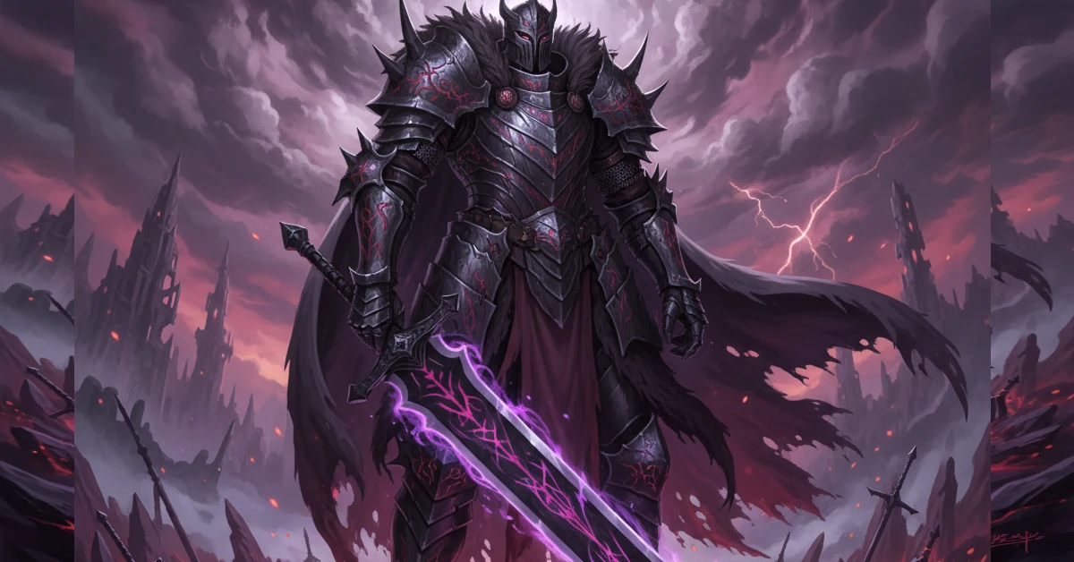 Dark fantasy warrior in Berserk Manga style black armor wielding a massive glowing sword against a stormy background.