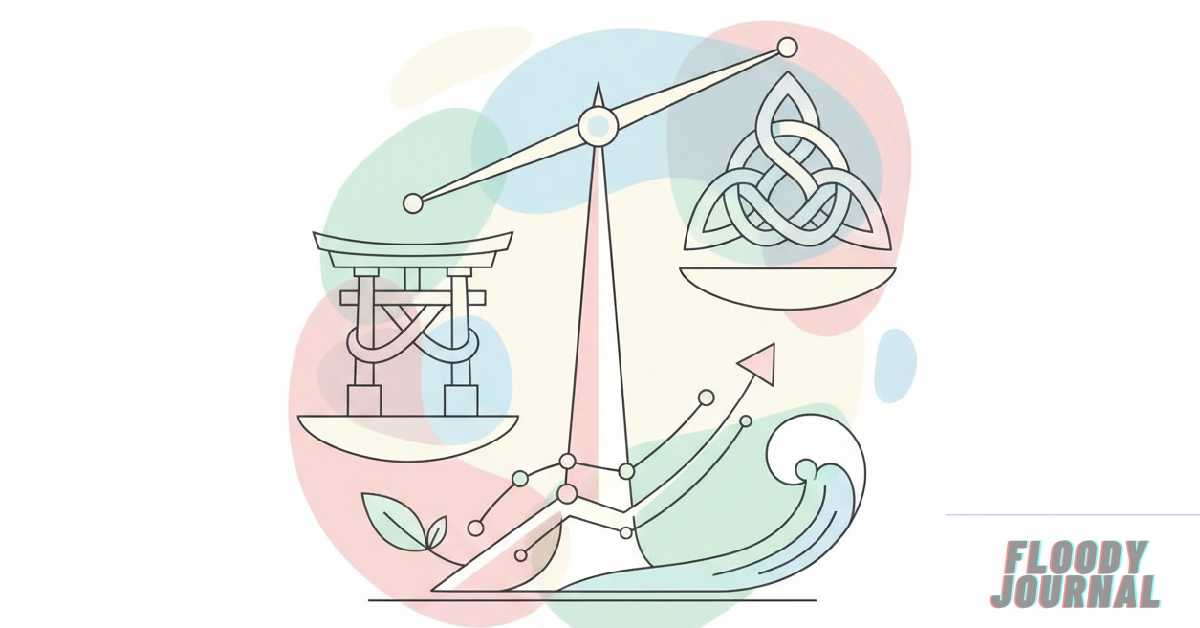 Giniä balance concept illustration with scales showing cultural symbols, natural elements, and economic data in pastel colors